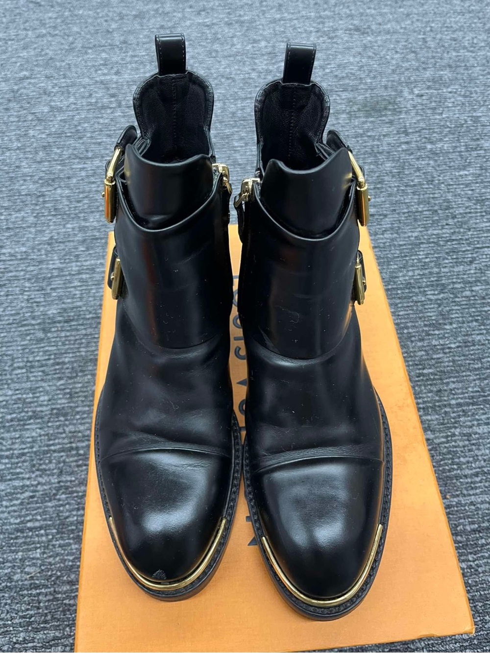 Louis Vuitton Black Leather Ankle Boots with Gold Hardware